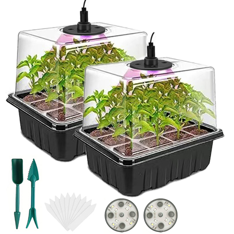 Humidity Dome Kit - ถาดสตาร์ทเมล็ดพันธุ์พร้อมไฟเติบโต ชุดการงอกเมล็ด 2 เมล็ดพร้อมโดมปรับความชื้นได้ เรือนกระจกขนาดเล็กสําหรับการงอกเมล็ด