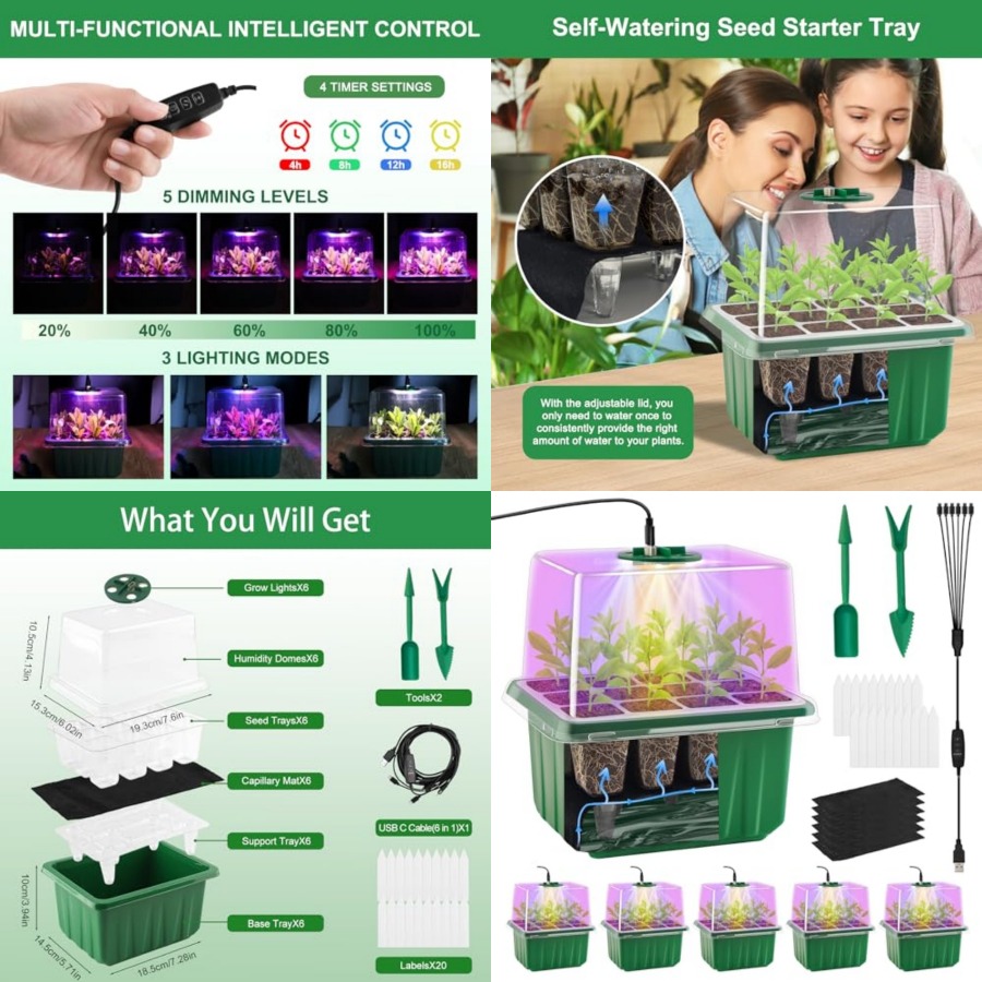 Humidity Dome Kit - ถาดเพาะเมล็ดพร้อมไฟ 6 ชุด ชุดเริ่มต้นปลูกต้นกล้าพร้อมโดมควบคุมความชื้น ฐานรองในร่ม โรงเรือนขนาดเล็ก